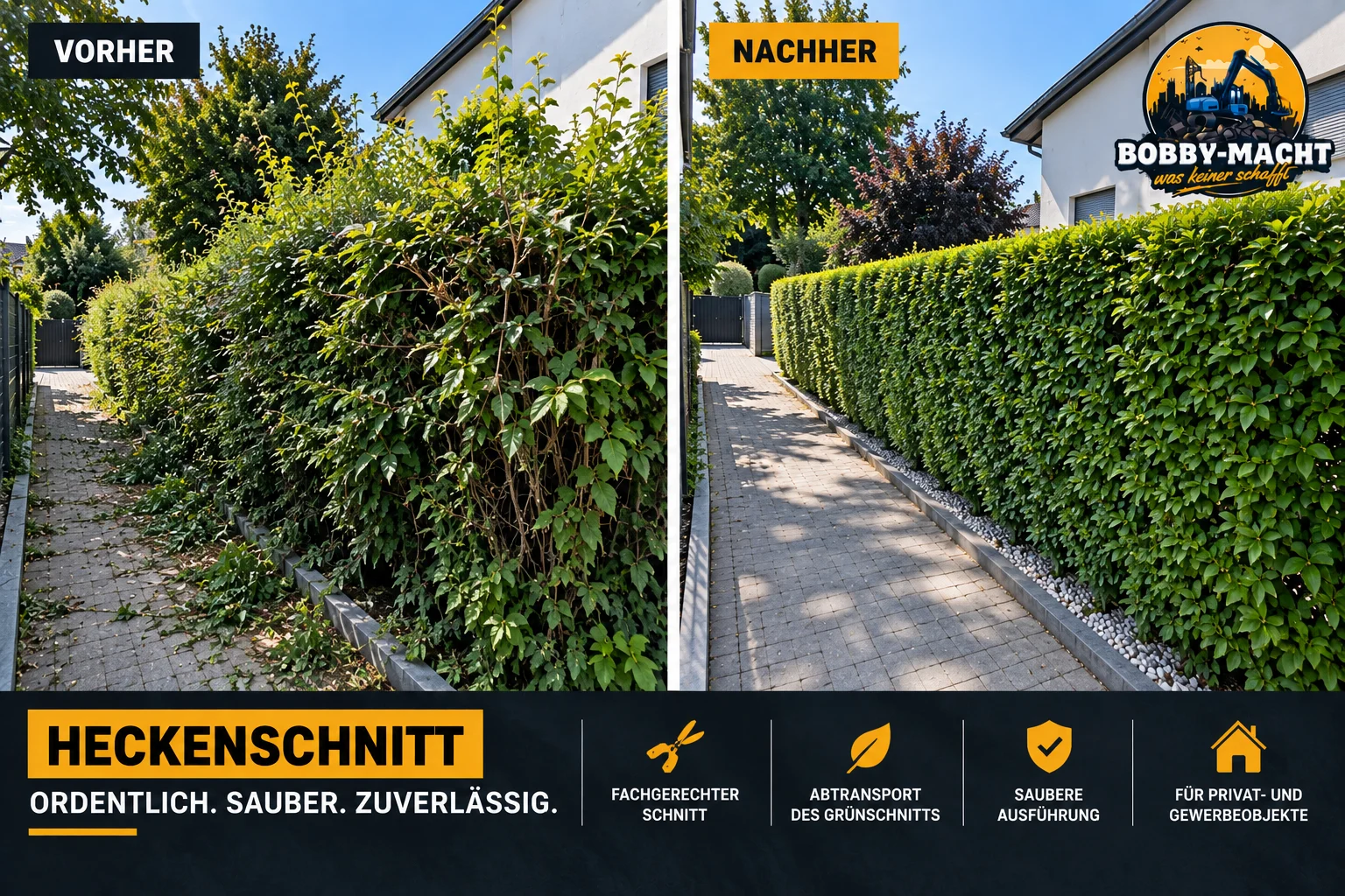 Heckenschnitt, vorher und nachher