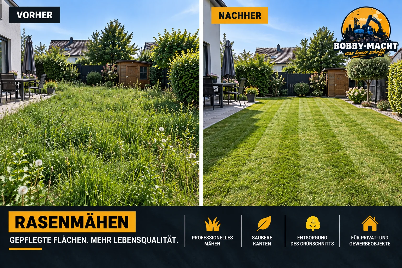 Rasenmähen, vorher und nachher